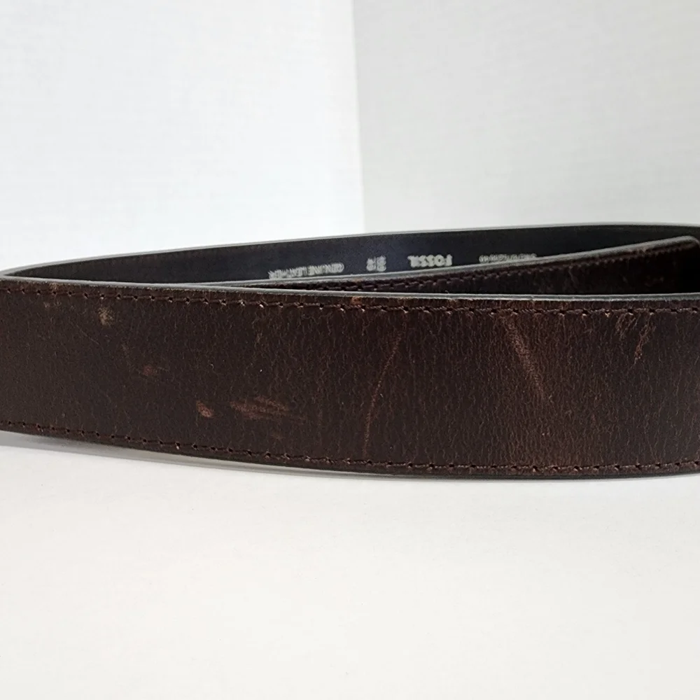 Fossil Brown Genuine Leather Belt Silver Buckle Size 100/40